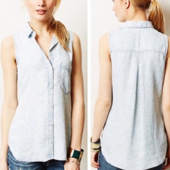 Anthropologie Tops - ANTHROPOLOGIE Chambray Leaf Sleeveless Tank Top
